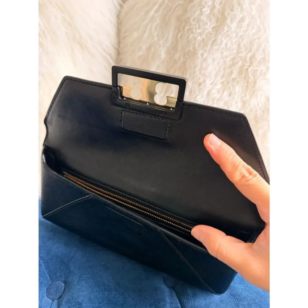 Tory Burch Black Leather Clutch with Gold Logo Turnlock
